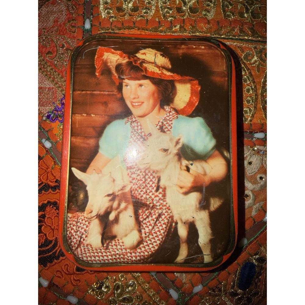 Vtg Edward Sharp & Sons Ltd Rectangler Tin Box Girl with Baby Lambs England READ